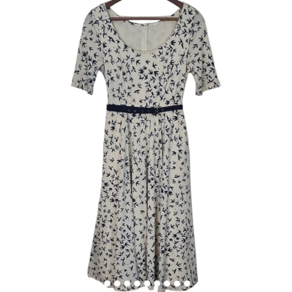 eShakti A-Line Bird Print Midi Dress with Scoop Neck Size 4